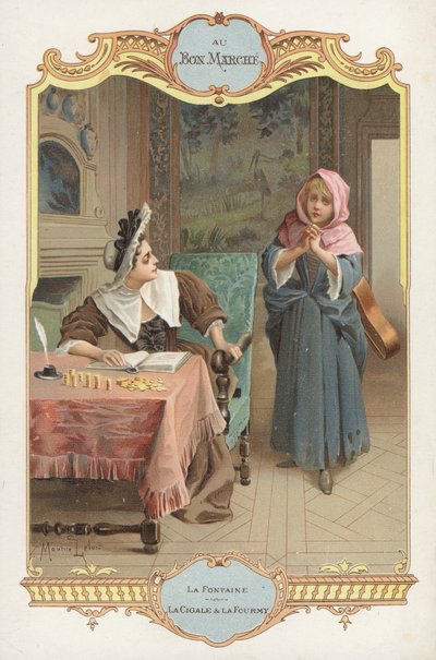 Scène uit Jean de la Fontaines fabel La Cigale et la Fourmi (De mier en de sprinkhaan) door Maurice Leloir