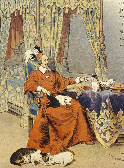 De kardinaal speelt met zijn katten die hij bijzonder liefhad - in "Richelieu" door Maurice Leloir, begin 20e eeuw door Maurice Leloir