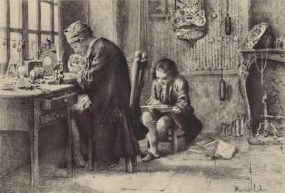 De jonge Jean-Jacques Rousseau lezend terwijl zijn vader werkt door Maurice Leloir