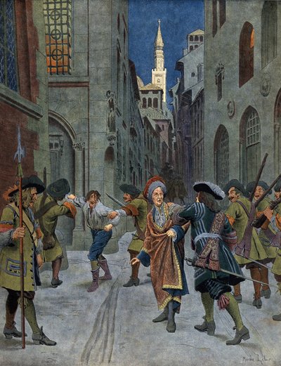 Oorlog van de Spaanse Successie: De gevangenneming van François de Neufville de Villeroy (1644-1730) tijdens de inname van Cremona door de troepen van prins Eugenius (Eugene Francois de Savoie) in 1702. Chromotypografie in 