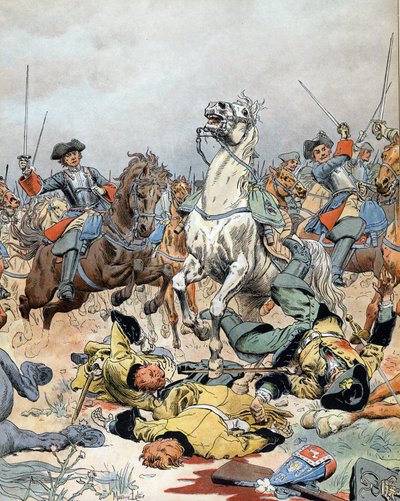 Oorlog van de Spaanse Successie: de laatste aanval van de Franse cavalerie bij de Slag bij Malplaquet (België) op 11 september door Maurice Leloir