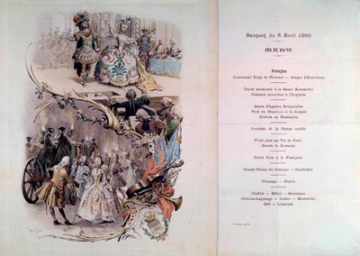 Huwelijksmenu met illustratie door Maurice Leloir (1851-1940) van bals in kostuums en galante scènes, 6/04/1900 door Maurice Leloir
