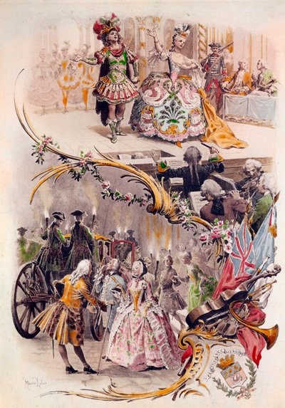 Huwelijksmenu met illustratie van Maurice Leloir van bals in kostuums en galante scènes, 6/04/1900 door Maurice Leloir