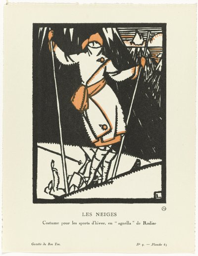 Gazette du Bon Ton, 1920 - No. 9, Pl. 65: Les Neiges / Kostuum voor wintersport, enagnella de Rodier door Maurice Leroy