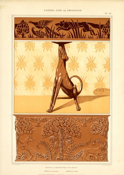 Art Nouveau diermotieven: hond, fazant en bijen (litho) door Maurice Pillard Verneuil