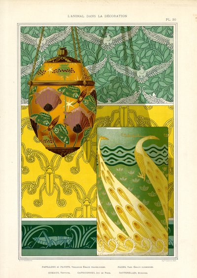 Art Nouveau Decoratieve Objecten met Pauw, Vlinders en Duiven (litho) door Maurice Pillard Verneuil