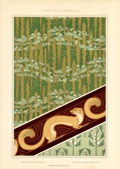 Decoratieve Art Nouveau patronen met vissen, hermelijn en lelietjes-van-dalen (litho) door Maurice Pillard Verneuil