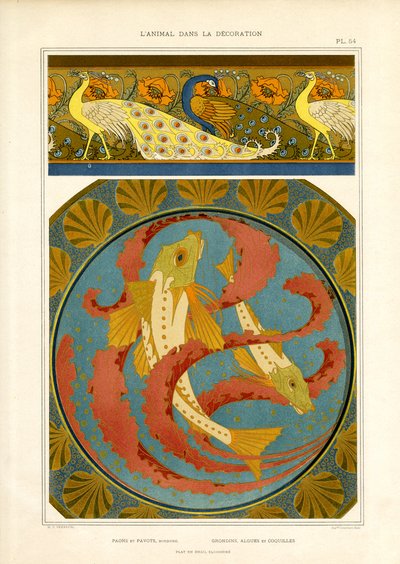 Decoratieve vis en pauwenrand in Cloisonné-stijl (litho) door Maurice Pillard Verneuil
