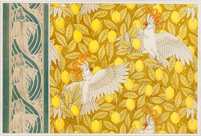 Ontwerp voor behang Cockatoos met citroenen en behangrand met vliegende vissen, gepubliceerd 1897 door Maurice Pillard Verneuil