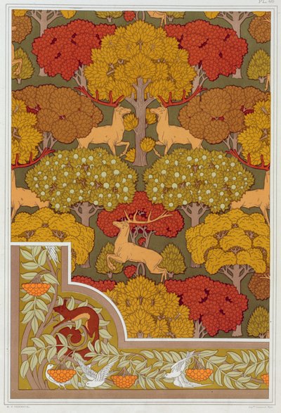 Ontwerpen voor behang en behangrand Herten in de bomen, pub. 1897 door Maurice Pillard Verneuil