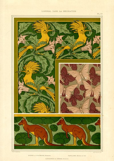 Motieven van exotische dieren: kaketoes, vlinders en kangoeroes (litho) door Maurice Pillard Verneuil