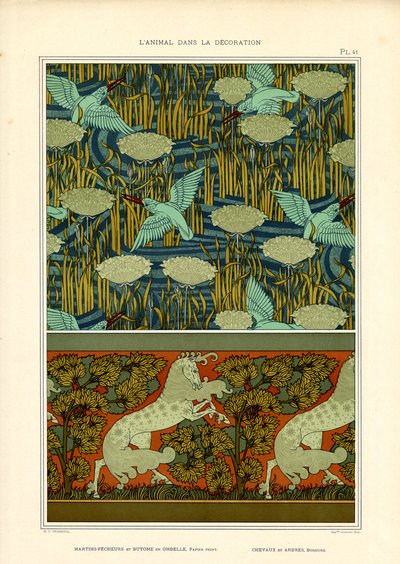 IJsvogels en waterlelies met paardenfries (litho) door Maurice Pillard Verneuil