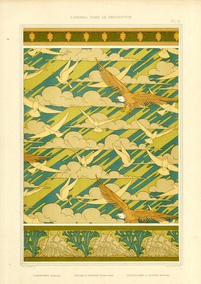 Ornamentale compositie met adelaars en duiven (litho) door Maurice Pillard Verneuil