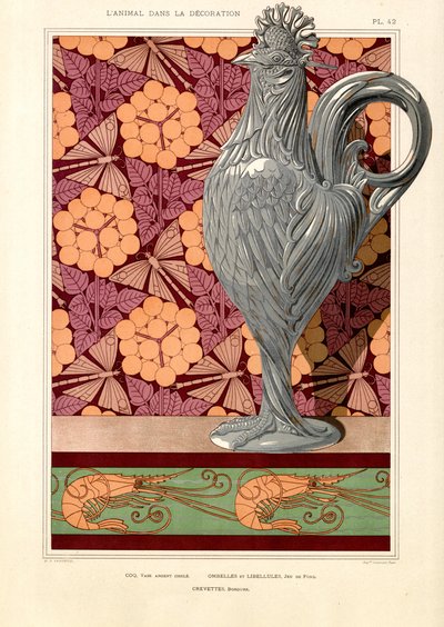 Vaas in de vorm van een haan met schermbloemen en garnalenpatroon (litho) door Maurice Pillard Verneuil