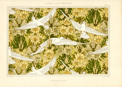 Textielpatroon met witte duiven en lelies (litho) door Maurice Pillard Verneuil