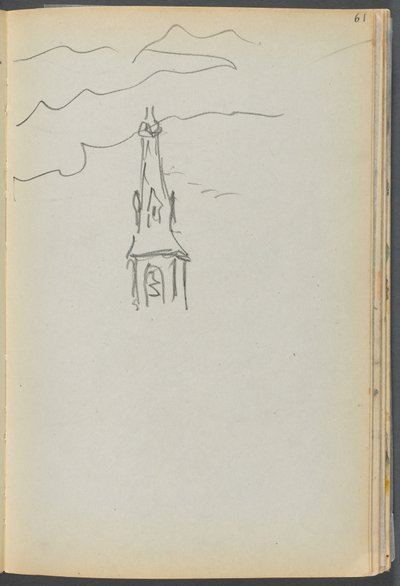 Schetsboek - Het Granite Shore Hotel, Rockport, pagina 061: Kerktoren met hemel door Maurice Prendergast