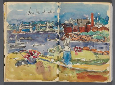 Schetsboek - The Granite Shore Hotel, Rockport, pagina 084  85: Havengezicht met kleuraantekeningen door Maurice Prendergast