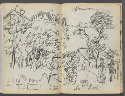 Schetsboek - The Granite Shore Hotel, Rockport, pagina 104- 105: "Middag, de heuvel". door Maurice Prendergast