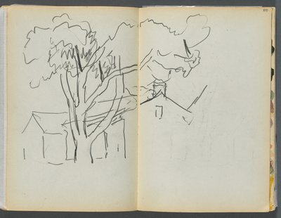 Schetsboek - The Granite Shore Hotel, Rockport, pagina 106  107: Boom met huizen door Maurice Prendergast