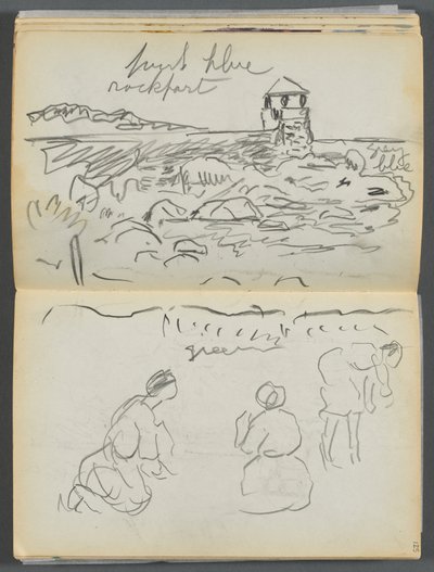 Schetsboek - The Granite Shore Hotel, Rockport, pagina 124  125: Rockport Vuurtoren en figuren op de kust door Maurice Prendergast