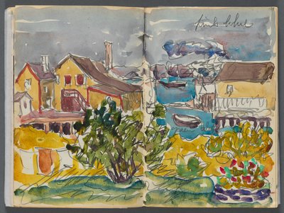 Schetsboek - Het Granite Shore Hotel, Rockport, pagina 128  129: Huizen aan de haven door Maurice Prendergast