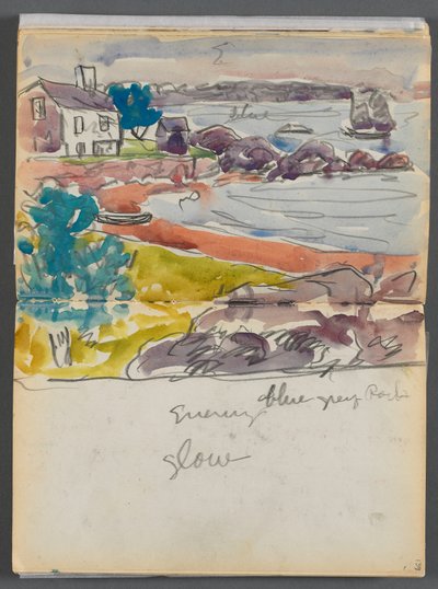 Schetsboek - Het Granite Shore Hotel, Rockport, pagina 138  139: "Avondgloren". door Maurice Prendergast