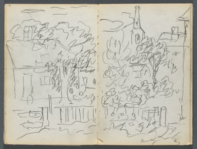 Schetsboek, The Dells, nr. 127, pagina 084  85: Landschap met huizen en torenspits door Maurice Prendergast