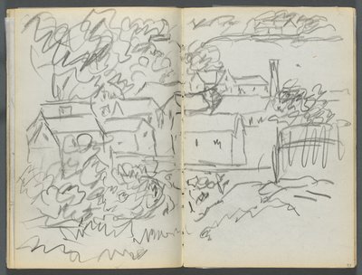 Schetsboek, De Dells, nr. 127, pagina 096  97: Landschap met huizen door Maurice Prendergast