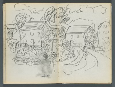 Schetsboek, The Dells, nr. 127, pagina 102  103: Landschap met huizen en weg door Maurice Prendergast