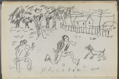 Schetsboek, De Dells, nr. 127, pagina 107: Landschap met figuren en hond door Maurice Prendergast