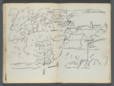 Schetsboek, De Dells, nr. 127, pagina 108  109: Landschap met huizen door Maurice Prendergast