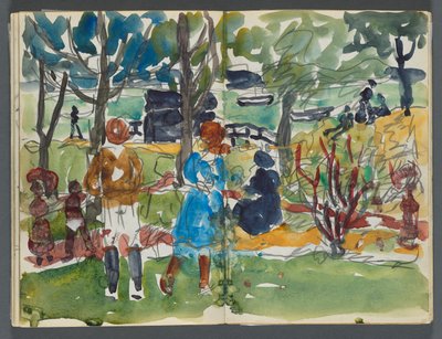 Skizzenbuch, The Dells, Nr. 127, Seite 110 & 111: Figuren in einer Landschaft door Maurice Prendergast