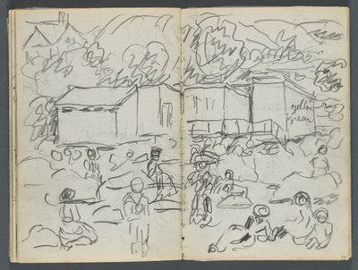 Schetsboek, The Dells, nr. 127, pagina 114  115: Landschap met figuren en gebouwen door Maurice Prendergast