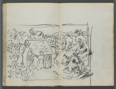 Schetsboek, De Dells, nr. 127, pagina 154  155: Landschap met huizen door Maurice Prendergast