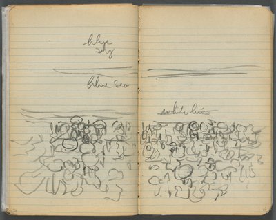 Schetsboek, pagina 046  47: Strandgezicht met kleurnotaties door Maurice Prendergast