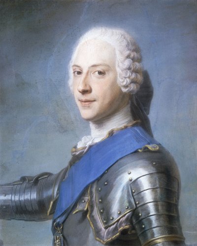 Portret van Prins Charles Edward Stuart, buste lengte, in profiel naar links, zijn hoofd naar voren gedraaid, zijn rechterarm opgeheven door Maurice Quentin de La Tour