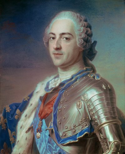 Portret van Lodewijk XV in harnas, met de linten van de Orde van de Heilige Geest en het Gulden Vlies door Maurice Quentin de La Tour