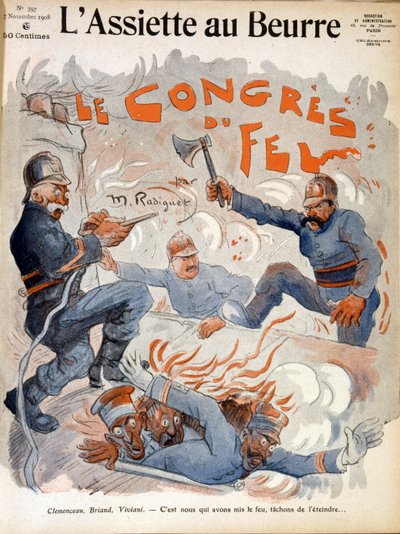 Franse staatslieden Aristide Briand, Georges Clemenceau en Rene Viviani door Maurice Radiguet