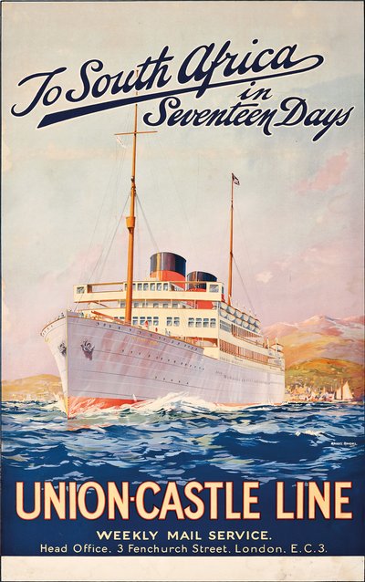 Naar Zuid-Afrika in zeventien dagen; een reclameposter voor Union Castle Line door Maurice Randall
