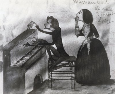 Karikatuur van Franz Liszt en George Sand in Nohant in 1832 door Maurice Sand