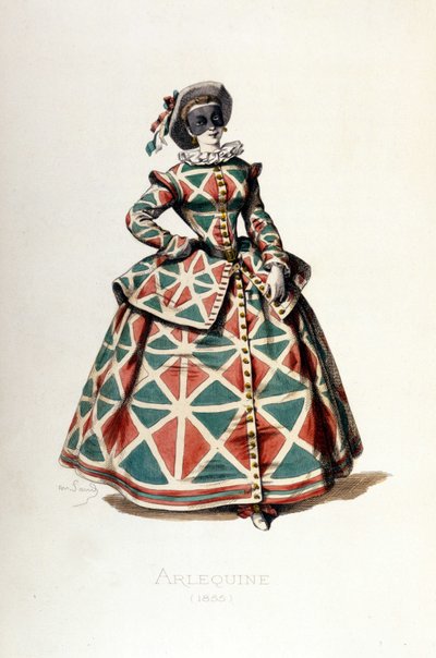 Harlekijn kostuum en masker in 1855, vrouwelijk personage van Harlekijn in de commedia dell