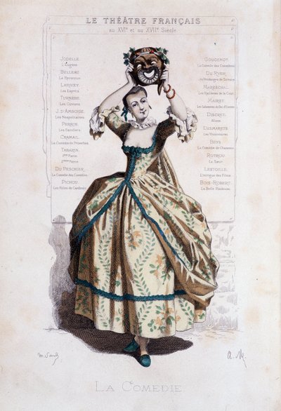 Personificatie van de commedia del arte. - Frontispice van Masques et bouffons (Italiaanse komedie), tekst en tekeningen door Maurice Sand (= Maurice Dudevant), gravures door A. Manceau, voorwoord door Georges Sand, Parijs, Michel Lévy Frères door Maurice Sand