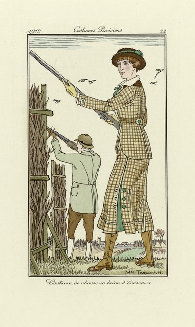 Ontwerp voor dames tweed schietoutfit, uit Costumes Parisien, uitgegeven 1912 door Maurice Taquoy