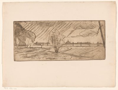 Landschap met bomen en kerk door Maurits van der Valk