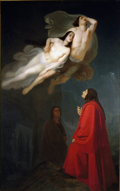 Dante en Virgil ontmoeten Francesca da Rimini en haar zwager Paolo Malatesta, schuldig aan overspel, in de kring van lust in de Onderwereld door Maurizio Frascheri