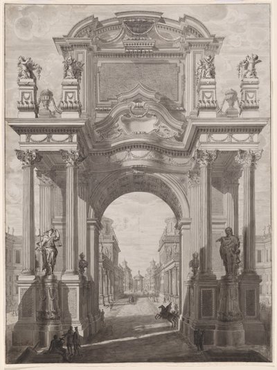 Een architectonische capriccio met een triomfboog door Maurizio Pedetti