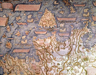Uitzicht op de archipel van Borneo Detail van de wereldkaart (mappamundi) van broeder Maurus camaldolese 1459 Biblioteca Marciana, Venetië door Mauro Fra