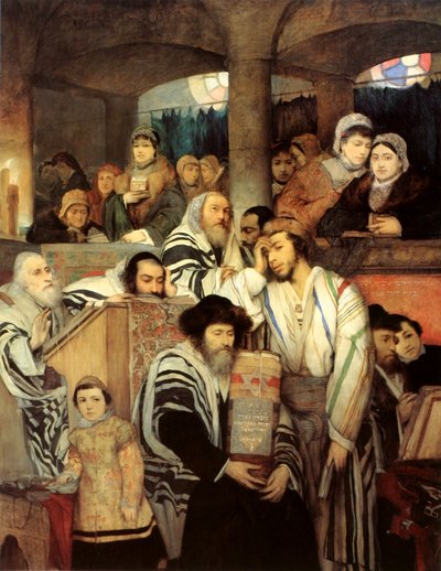 Joden bidden in de synagoge op Jom Kippoer door Maurycy Gottlieb