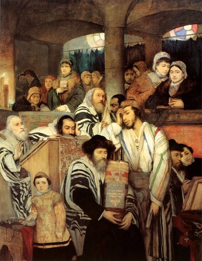 Joden bidden in de synagoge op Yom Kippur door Maurycy Gottlieb