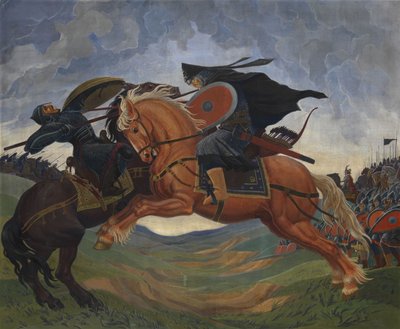Enkelgevecht van Peresvet en Temir-murza op het Kulikovo-veld in 1380 door Mavriki Petrovich Jacobi